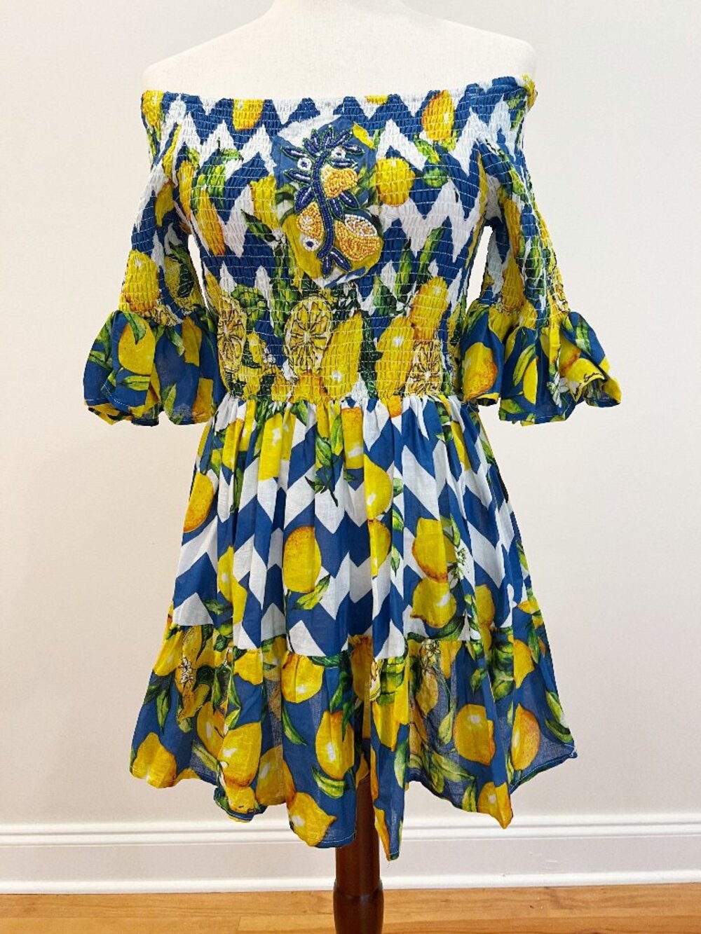 Antica Sartoria Dress One Size Positano Smocked Off Shoulder Mini Lemons Resort